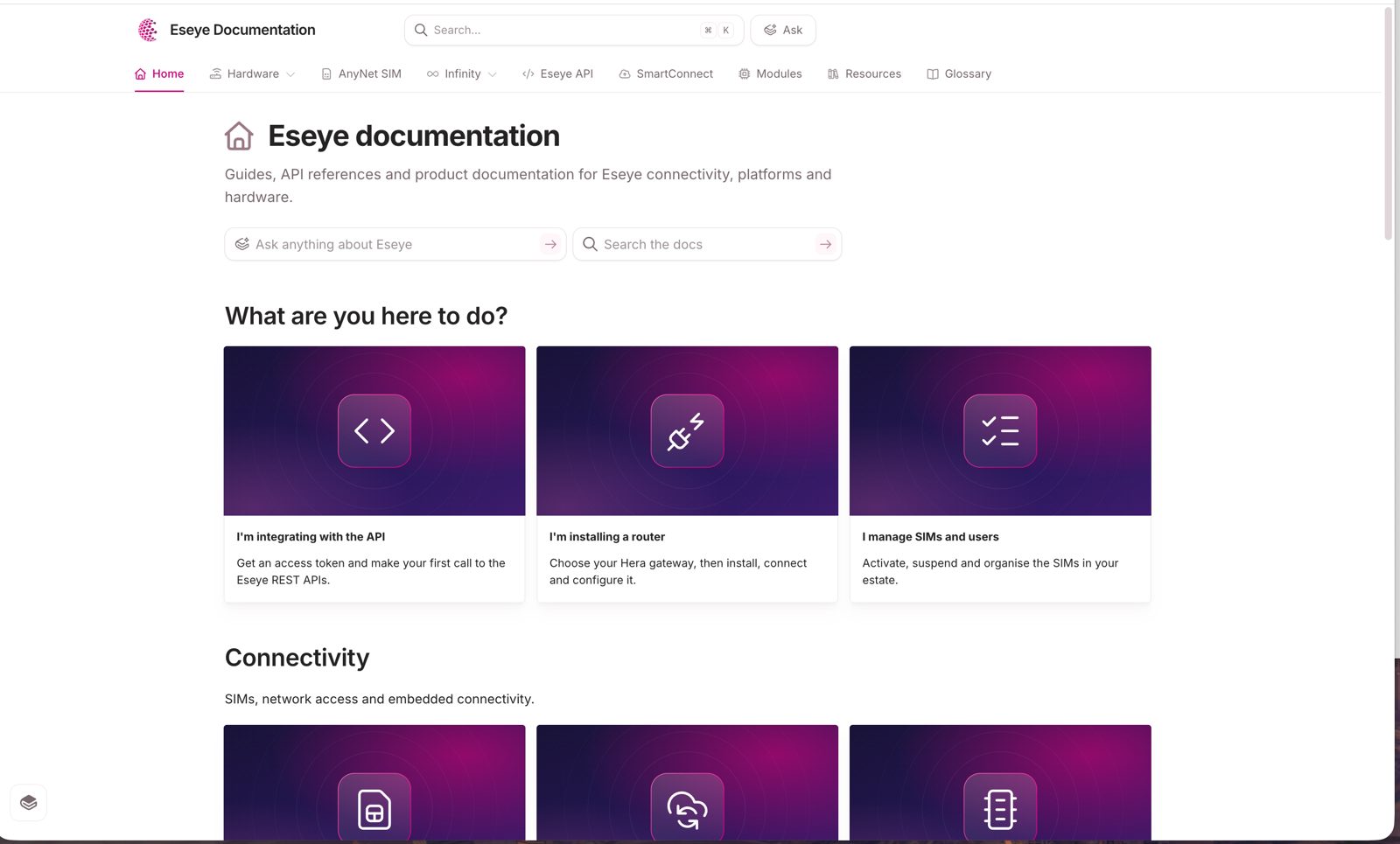 The new Eseye documentation homepage in GitBook, with task-based cards such as I'm integrating with the API and I'm installing a router
