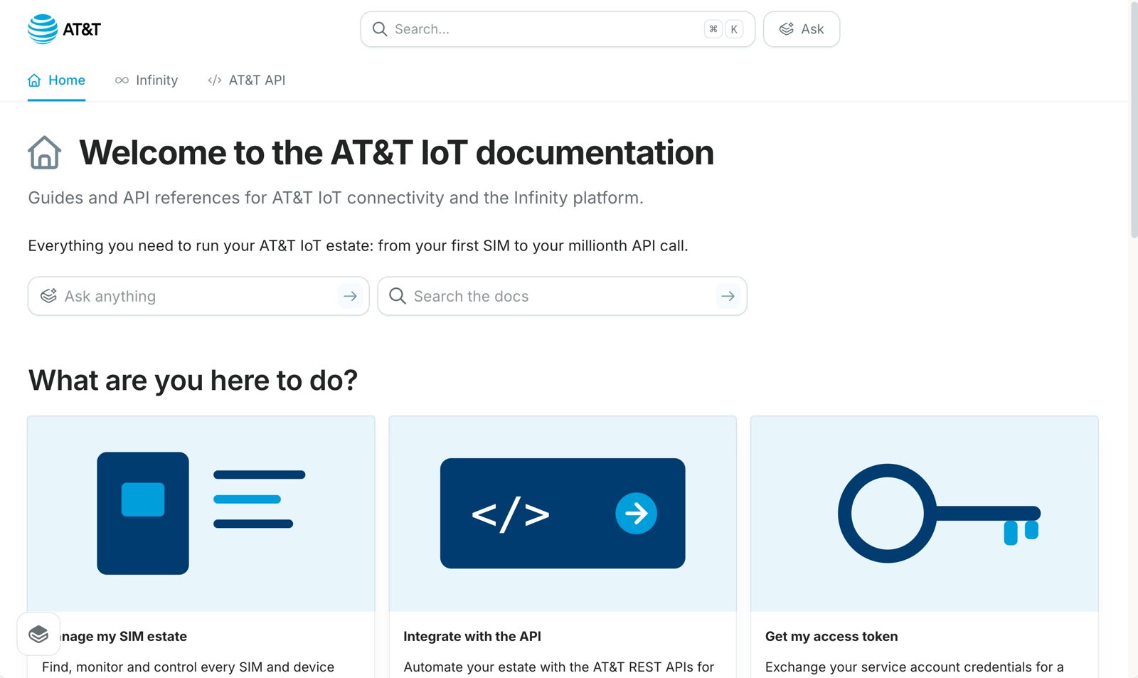 AT&T IoT documentation homepage preview in blue, with the same task cards as the Eseye site