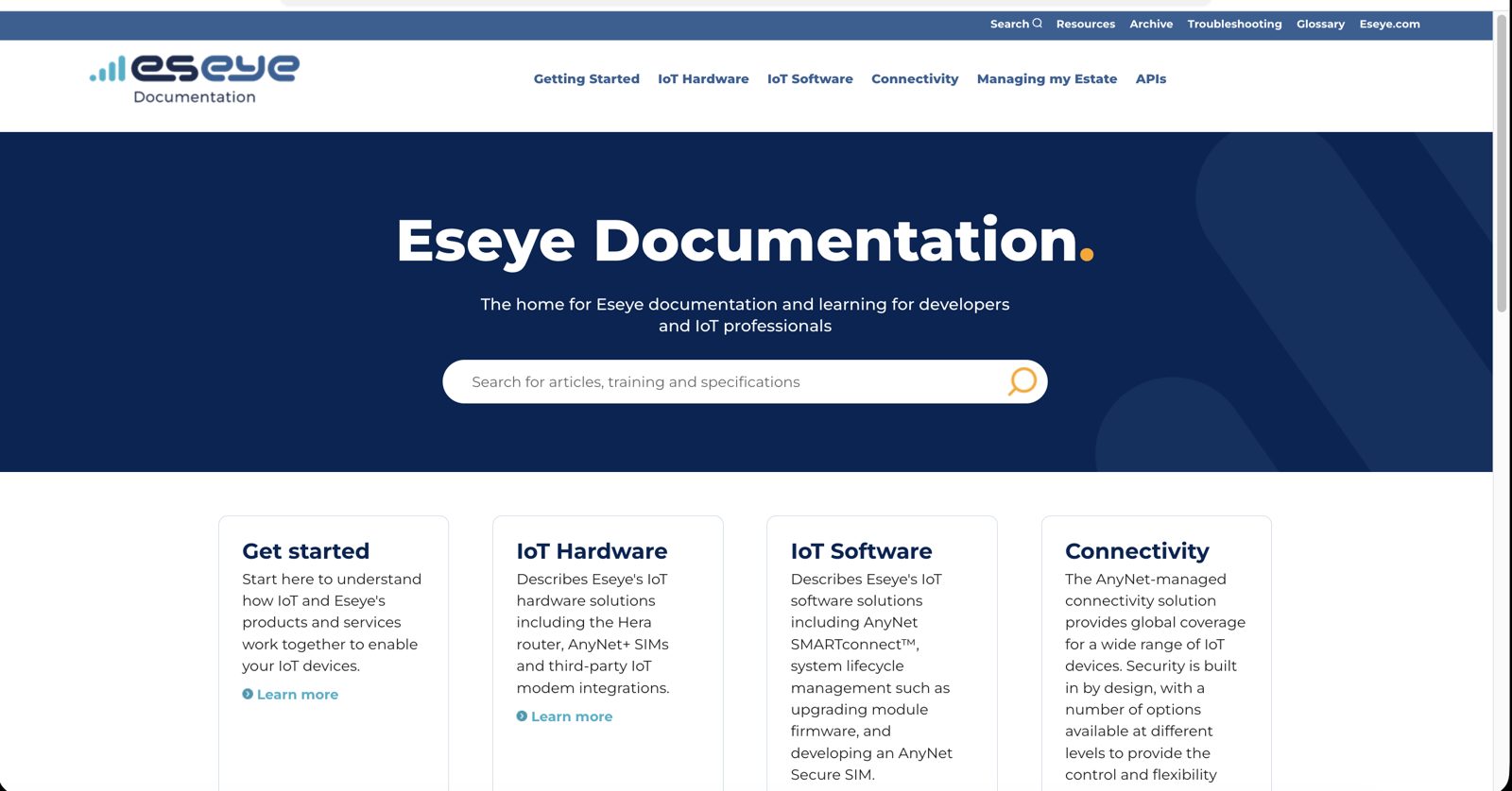 The old Eseye documentation homepage, built in MadCap Flare, with a dark blue banner and four product category cards