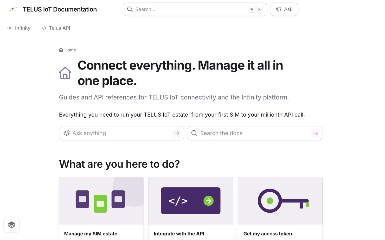 TELUS IoT documentation homepage in purple and green, with the same task cards