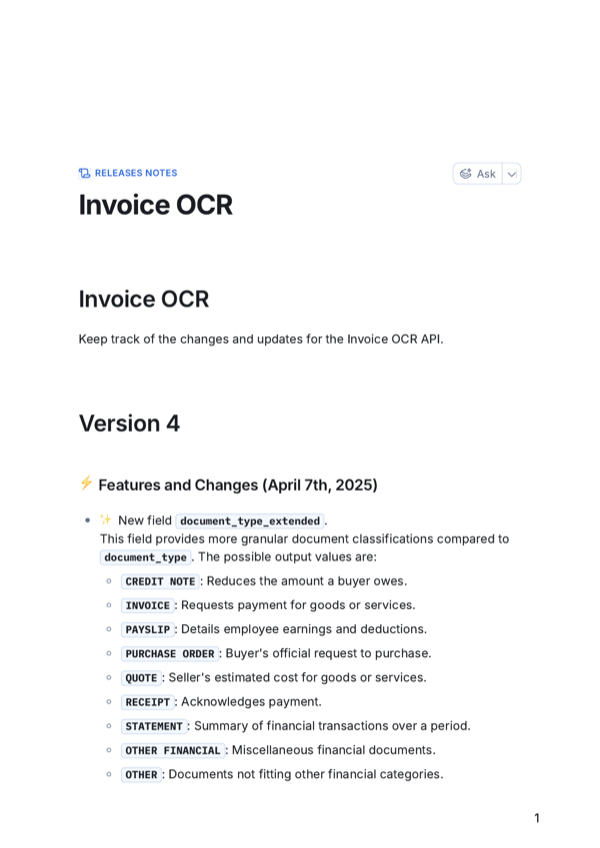 Invoice OCR Release Notes